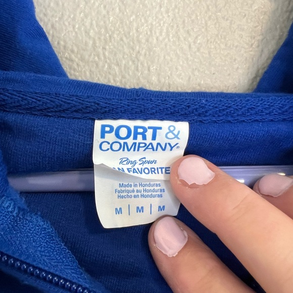 Port and Company Blue Hoodie with White and Pink Graphics - Picture 2 of 4